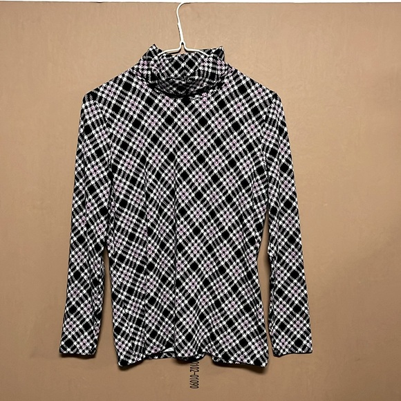 Talbots shirt medium petite light cotton long sleeve turtleneck plaid black pink - Picture 1 of 7